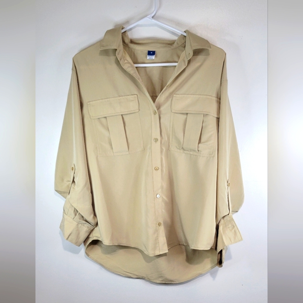 Old Navy Women's Solid Tan Button Down Long Sleeve Blouse Size Medium NWT.